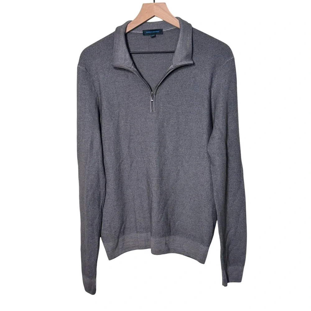 Patrick Assaraf Mens Grey Textured Knit Quarter Zip Merino Wool‎ Sweater Size L